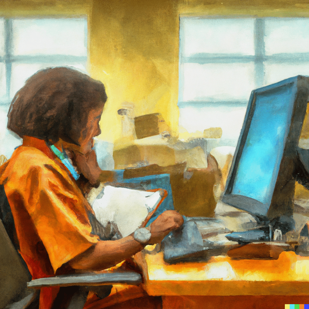 Oil painting of a medical biller auditor at work