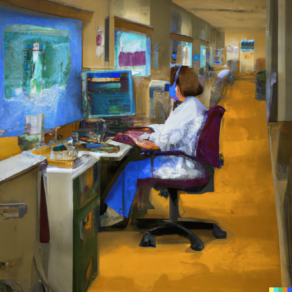 Oil painting of a medical coder in hospital at work