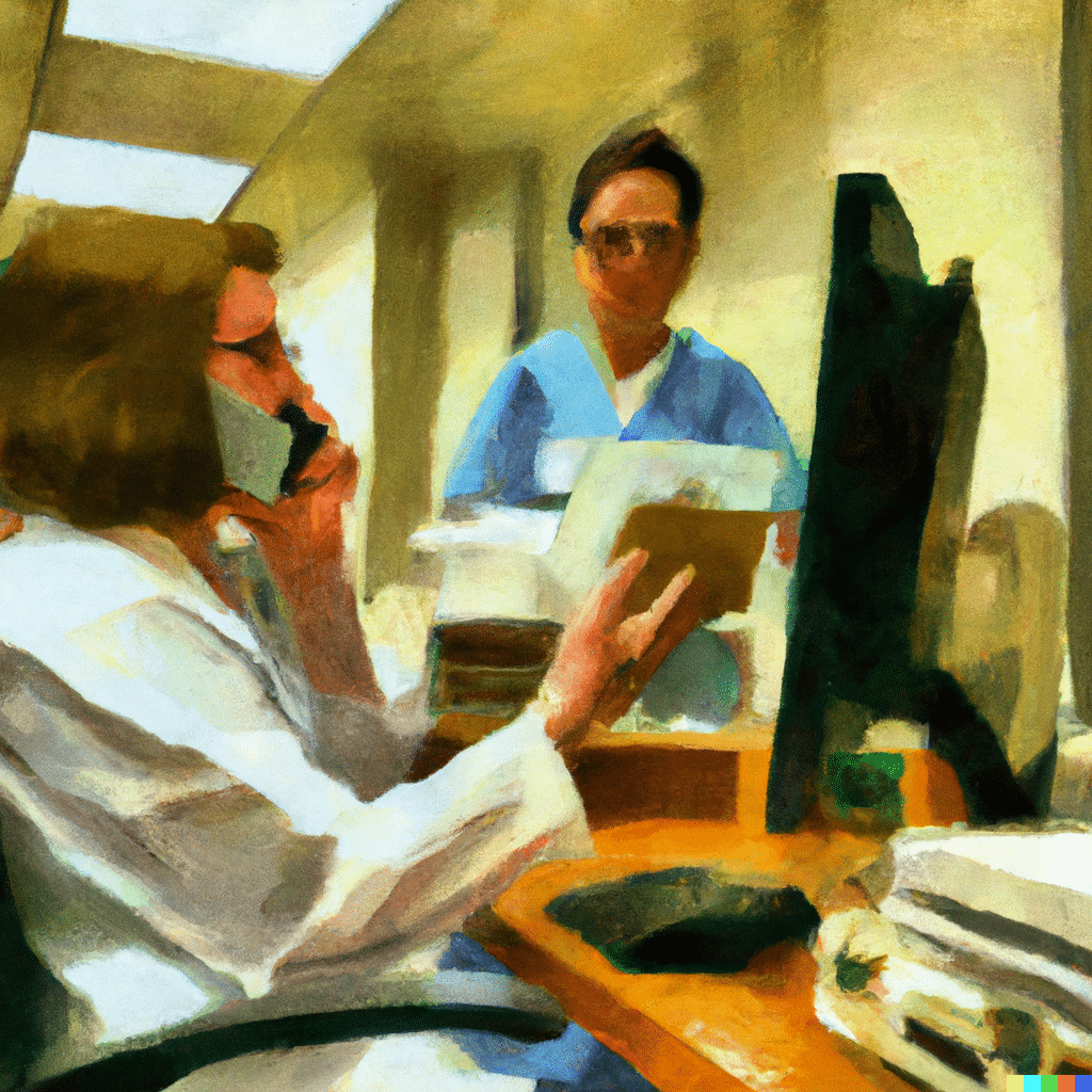 Oil painting of a medical coder in a hospital working with a nurse