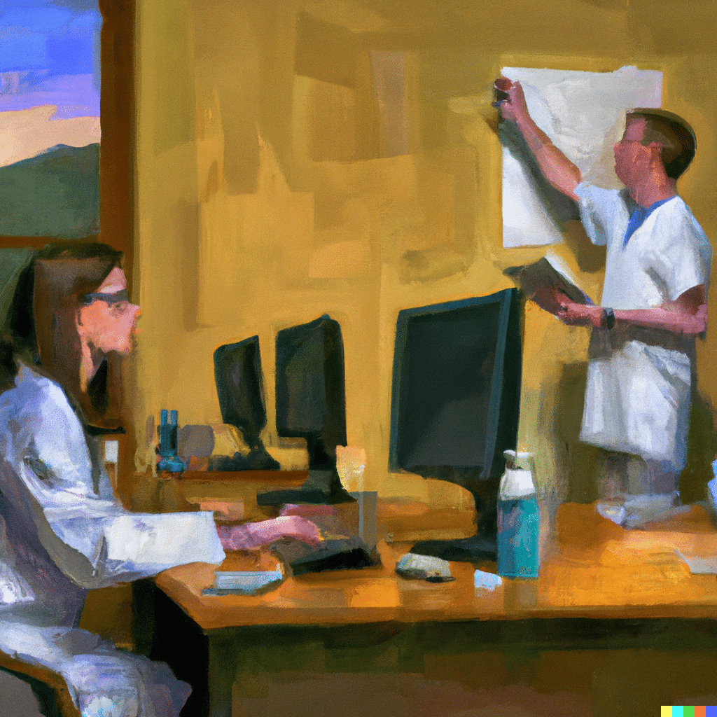 Oil painting of a medical billers and coders at work