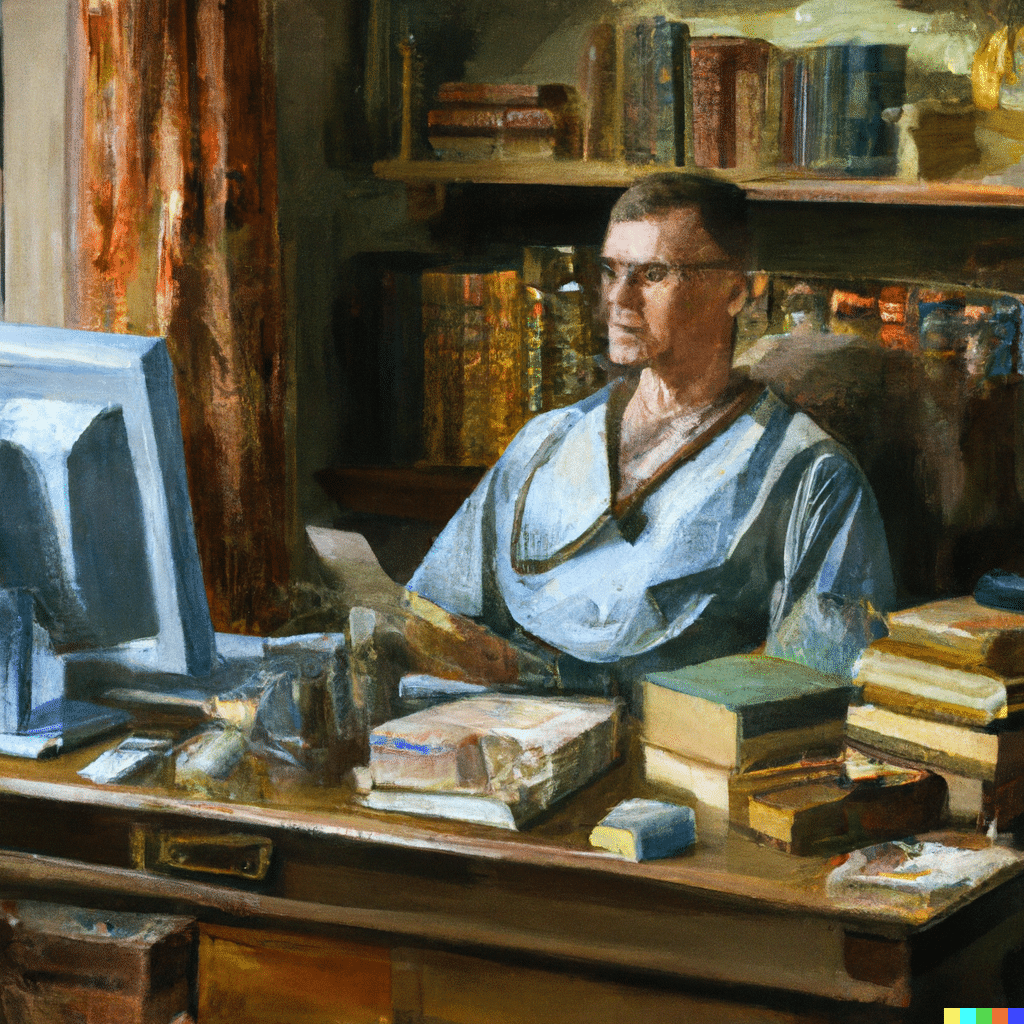 Oil painting of a medical coder working from home office